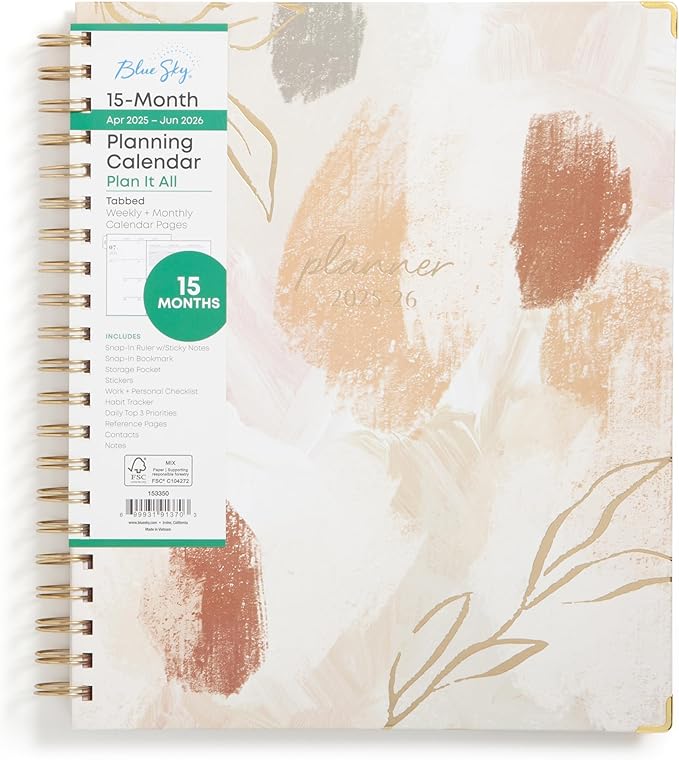 Blue Sky 15 Month Weekly and Monthly Academic Year Planner Calendar, April - June, Hard Cover, Wirebound, Laminated Tabs, Storage Pocket, Includes Snap-in Ruler w/Sticky Notes & Sticker Sheet, Henri (Henri- 2025/2026, 8.5" x 11")