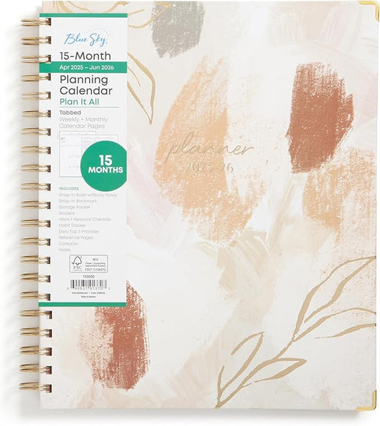 Blue Sky 15 Month Weekly and Monthly Academic Year Planner Calendar, April - June, Hard Cover, Wirebound, Laminated Tabs, Storage Pocket, Includes Snap-in Ruler w/Sticky Notes & Sticker Sheet, Henri (Henri- 2025/2026, 8.5" x 11")