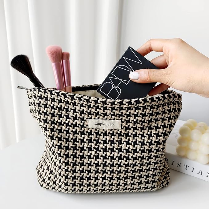 STARDW Travel Makeup Bag Organizer, Cosmetic Pouch for Women, Puppytooth | Canvas Lined Cosmetic Bag for Skincare, Brushes & Toiletries, Cute Travel Toiletry Bag, Purse Organizer Pouches with Zipper