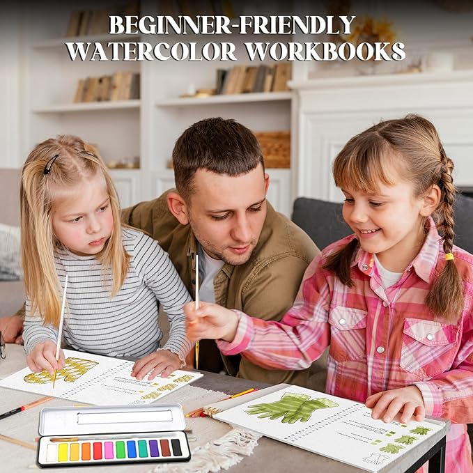 2Pcs Watercolor Workbook with Step by Step for Beginner, Beginner-Friendly Water Coloring Book with 12 Colors Paint, Watercolor Paper, Beginner Watercolor Painting Kit, Watercolor Coloring Book