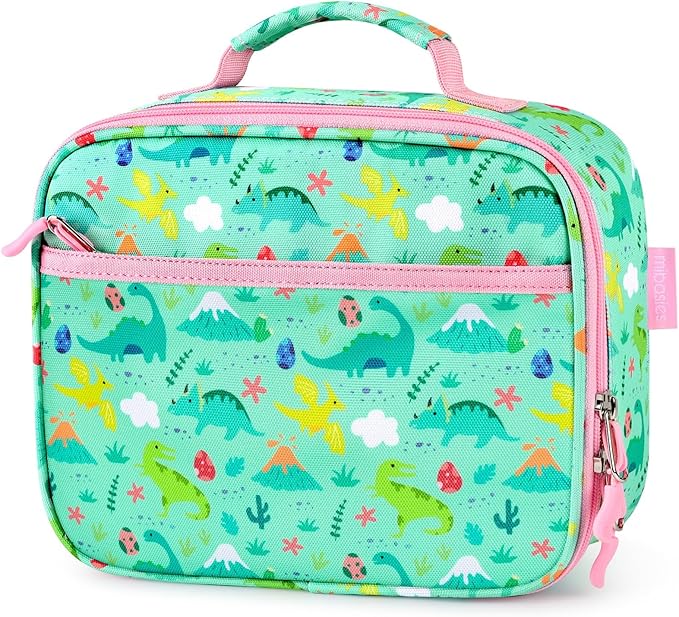 mibasies Kids Lunch Box for Girls Toddler, Insulated and Reusable Lunch Bag for School, Light Green Dinosaur Forset