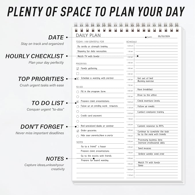 24-Hour Daily Hourly Planner with To-Do List & Priorities - 6.5" x 9.8" Schedule Planner Organizer for Office, School, Family
