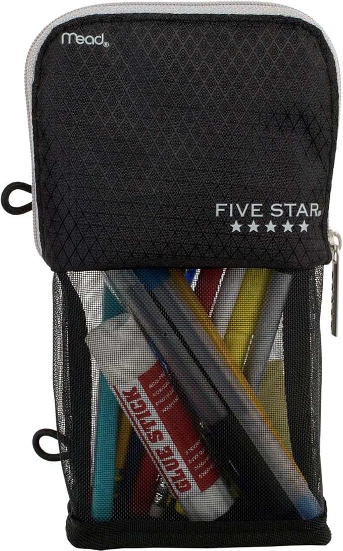 Five Star Pencil Pouch, Pencil Case, 1-Pocket Pouch, Fits 3 Ring Binder, Stand 'N Store, 2" x 4-1/2" x 8", Black/Grey (505160A-ECM) (Pack of 12)