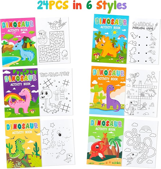 JAPBOR 24pcs Dinosaur Activity Coloring Books for Kids Party Favors, Mini Art Color Pages Drawing Booklet Supplies, Birthday Painting Games Theme Doodle Small Colouring Book Bulk Goodie Bag Filler