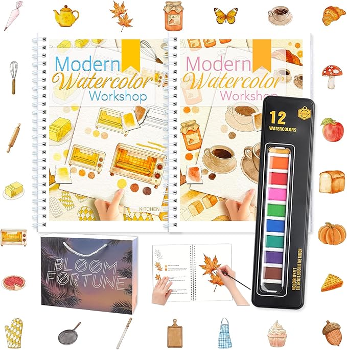 2-Pack Beginner Watercolor Workbooks: 24 Coloring Pages + 12 Watercolor Paints + Brush – 300gsm/140lb Paper – Gift for Women, Adults & Beginners (Autumn & Kitchen)