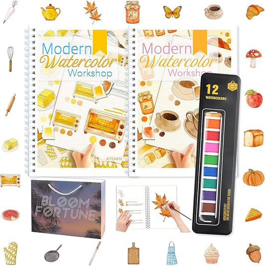 2-Pack Beginner Watercolor Workbooks: 24 Coloring Pages + 12 Watercolor Paints + Brush – 300gsm/140lb Paper – Gift for Women, Adults & Beginners (Autumn & Kitchen)
