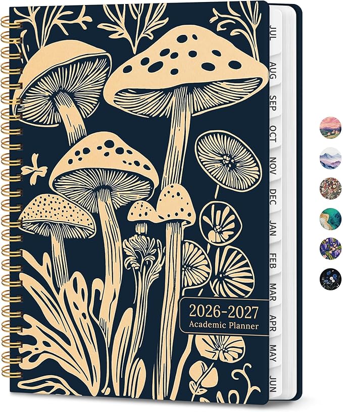 Planner 2026-2027, Monthly and Weekly Academic Planner July 2026 - June 2027, Hardcover Student Teacher Planning Agenda Calendar Book with Tabs, Perfect for Office School Supplies, A4 (8.5" x 11") - Mystic Mushrooms