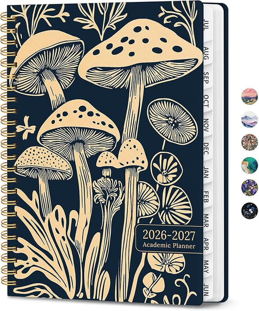 Planner 2026-2027, Monthly and Weekly Academic Planner July 2026 - June 2027, Hardcover Student Teacher Planning Agenda Calendar Book with Tabs, Perfect for Office School Supplies, A5 (6.3" x 8.5") - Mystic Mushrooms