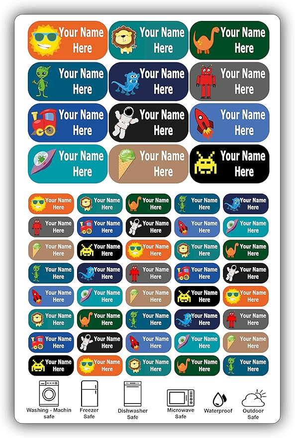 Custom Name Labels – Boys, Girls and Kids Icon Designs. 52 Waterproof Labels for School, Daycare and Camp. Personalized Stickers, Dishwasher and Microwave Safe, Machine Washable.