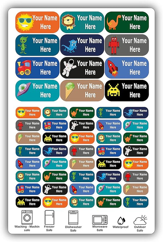 Custom Name Labels – Boys, Girls and Kids Icon Designs. 52 Waterproof Labels for School, Daycare and Camp. Personalized Stickers, Dishwasher and Microwave Safe, Machine Washable.