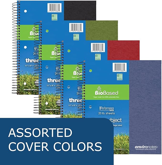 Roaring Spring Environotes Recycled Spiral Notebook, 3 Subject, 24 Pack, 11" x 9", 120 Perforated Sheets, 20 lb Bio-Based Paper, College Ruled w/ Margin, Assorted Earthtone Covers, Double Pocket, 2 Dividers, Made in USA