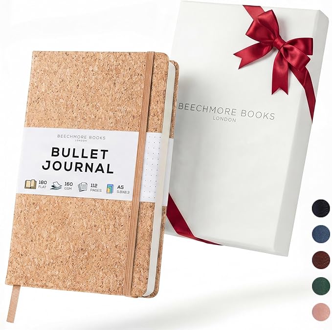 BEECHMORE BOOKS A5 Dotted Journal – 160gsm Thick Paper No-Bleed Bullet Notebook – Hardcover Dot Grid Logbook with Presentation Gift Box – Vegan Leather Sketchbook for Artists & Professionals