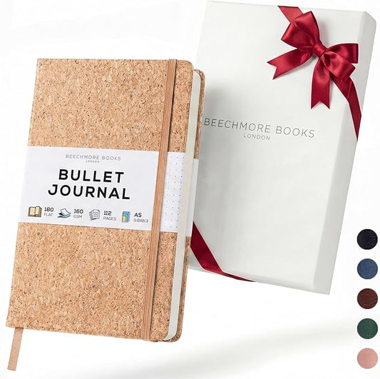 BEECHMORE BOOKS A5 Dotted Journal – 160gsm Thick Paper No-Bleed Bullet Notebook – Hardcover Dot Grid Logbook with Presentation Gift Box – Vegan Leather Sketchbook for Artists & Professionals