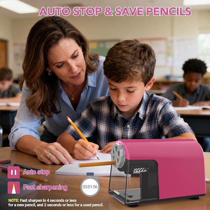 AFMAT Electric Pencil Sharpener Heavy Duty, 6 Holes, Cordless & Rechargeable, Fast Sharpen, Auto Stop, 10K+ Uses, Classroom Pencil Sharpener for 6-11mm No.2/Large/Colored Pencils PSD2