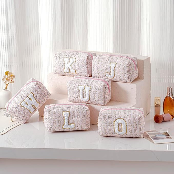 JOVAKIT Alphabet Makeup Bag Cosmetic Bag for Women, Christmas Gifts for Girls Age 6-18, Floral Flowers Coquette Travel Toiletry Zipper Make Up Pouch Organizer Trendy Stuff (Pink Floral J)
