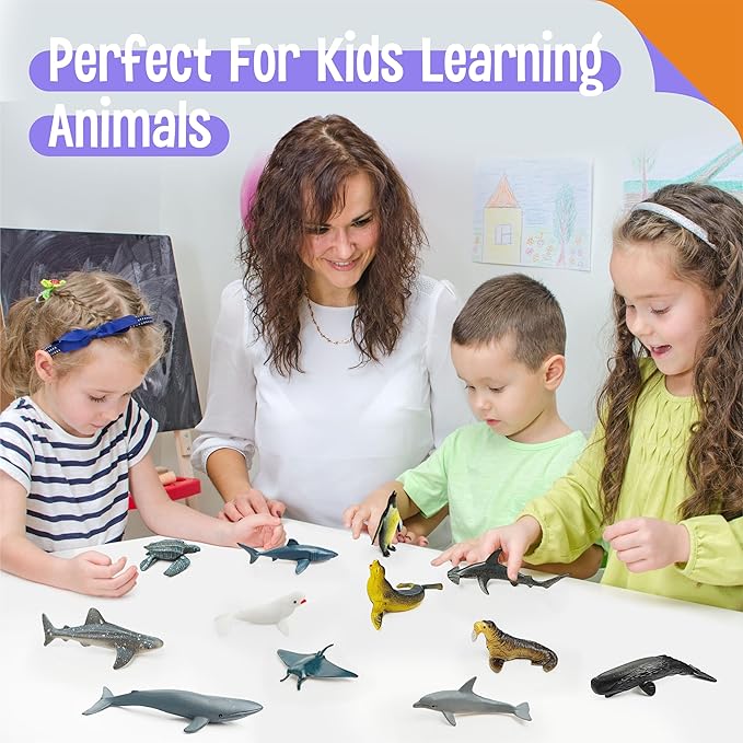 12 Marine Animal Figurines for Kids, Plastic Animal Toys Tiny Portable Sea Creature Figures Playset Montessori Toy Educational Game for Homeschool Preschool Toddler Kids