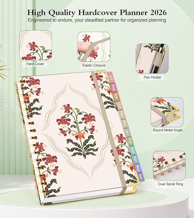 Academic Planner 2026-2027, Hardcover Weekly and Monthly Calendar Planner from July 2026 - June 2027, Daily Agenda Planners with Tabs, College School Organizer for Student Teacher, A4 (8.5" x 11"), Beige Bouquet