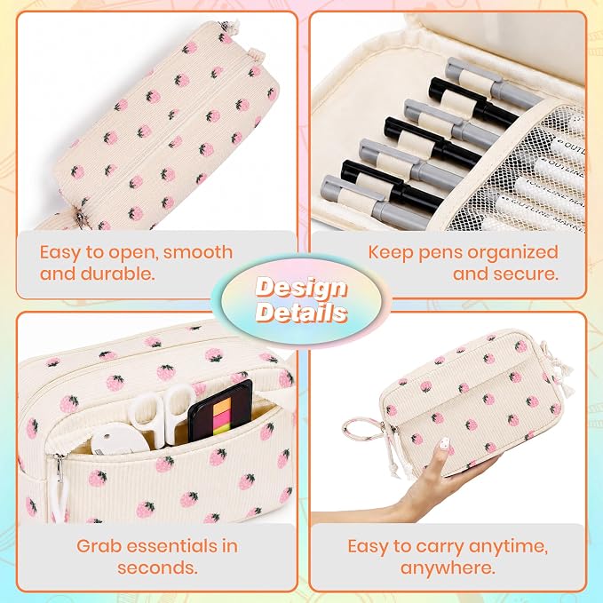 Big Capacity Pencil case,Soft Corduroy Pencil Bag with 3 Compartment,Pencil Pouch School Supplies Cute Pencil Box Pencil Bag for Teen Girls Boys College (Pink Strawberry)