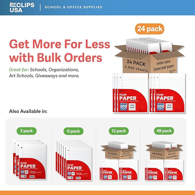 Wide Ruled Loose Leaf Paper Wide Ruled Notebook Paper Lined Writing Filler Paper 10.5” x 8” 56 gsm 4800 Sheets 200 Sheet Per Pack (24 Pack)