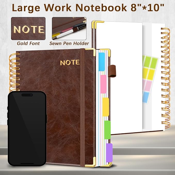 Hardcover Spiral Notebooks for Work 8''x 10'', 300 Pages 5 Subject Notebook with Dividers & Tabs, B5 Spiral Journal for Women, College Ruled Notebooks for School Note-Taking (Dark Brown)