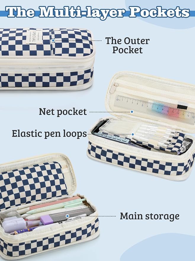 Bigmeta Gingham Expandable Pencil Case for Teens Girls - Navy | Zipper Gusset for Adjustable Capacity, Checkered Cute Pencil Pouch, Stationery Bag Box for Student Back to School Gifts
