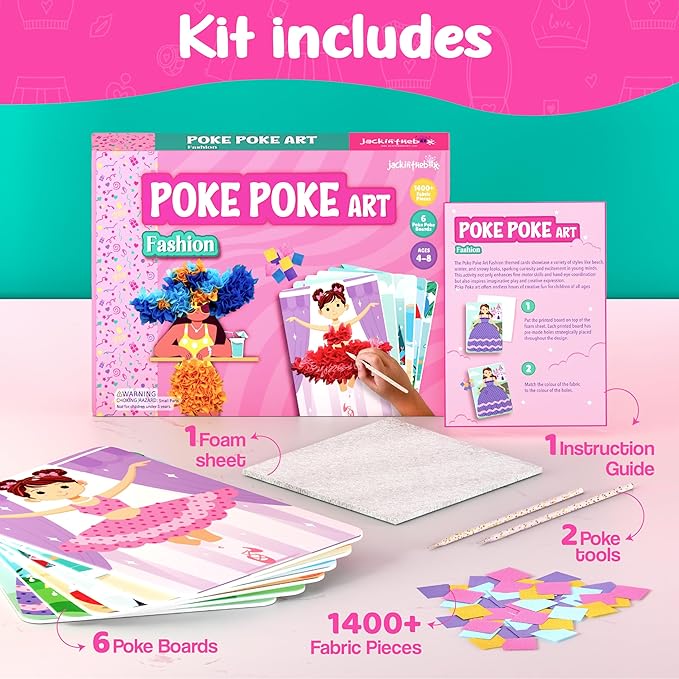 jackinthebox Poke Poke Art for Kids - Fashion Theme, Flower Pressing Kits, Mess-Free Fabric Art and Craft for Girls Ages 4 5 6 7 8