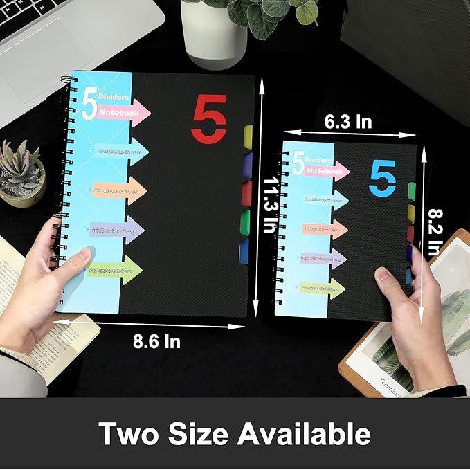 CAGIE 5 Subject Notebook 8.5 x 11，A4 Spiral Notebooks College Ruled Spiral Notebook with Dividers Tabs，220 Pages Lined Spiral Notebook for Note Taking, School, Work, Black
