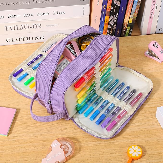 3 Compartment Pencil Case, Extra Large Capacity School Supplies Pencil bag with Easy Handle, Soft Corduroy Pencil Pouch, Aesthetic Supply Pen Case Bag Organizer For Teen Girls College (Blue)