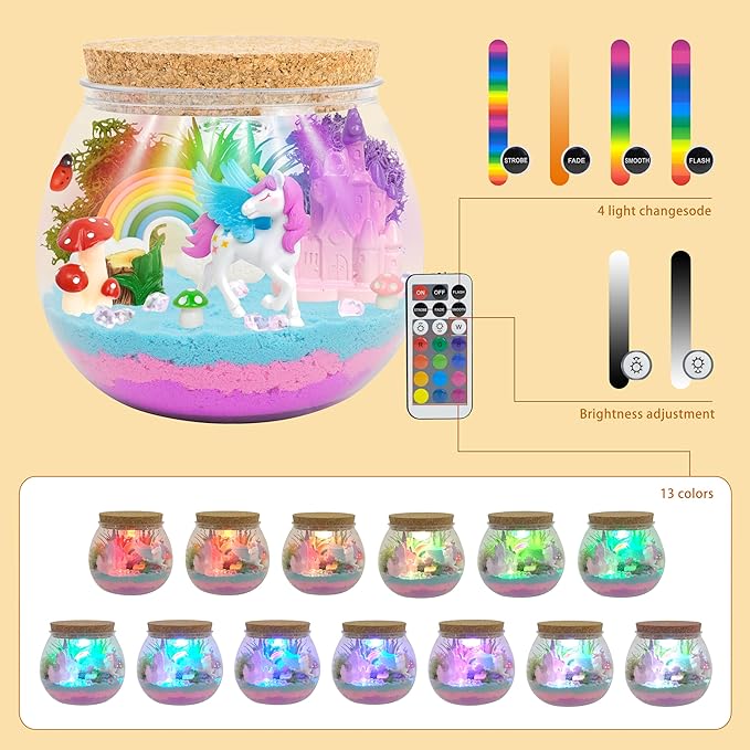 Light-Up Unicorn Terrarium Gifts, DIY Night Light Kit with Remote Control and 13 Lighting Colors, Night Light for Birthday, Children's Day, Halloween, Christmas or New Year Gifts for Girls Ages 5-10