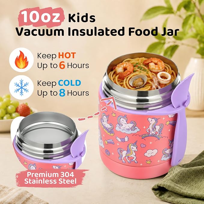 10oz Soup Thermo for Hot Food Kids Insulated Food Jar,Thermo Hot Food Lunch Container, Width Mouth Stainless Steel Lunch Box for Kids with Spoon (Pink-Cute Horse)