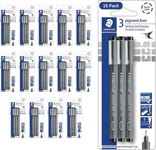 STAEDTLER Pigment Liner 15-Pack (15 sets of 3 pcs), Black, 3 Pens, Assorted Line Widths 0.05mm/0.2mm/0.8mm, 308-9SBK3, 45 Count