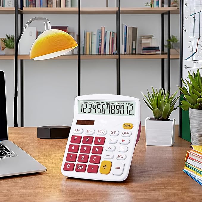 Desktop Calculator Solar Battery Dual Power 12 Digit Large LCD Display Financial Dedicated Large Standard Function Desktop Business Calculator for Office/Home/School KA08 Red