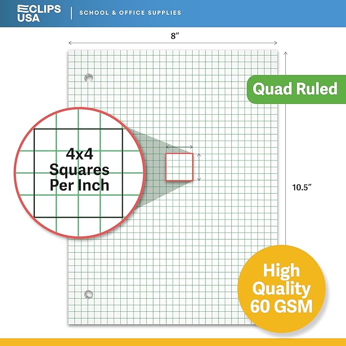 Graph Paper Loose Leaf Paper Quad Ruled Notebook Paper Quad Ruled 4” x 4” Square Lined Writing Filler Paper 10.5” x 8” 600 Sheets 100 Sheets Per Pack 60 gsm (6 Pack)