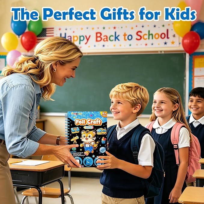 FUNNYB&G Foil Art Craft Kit for Boys 4-10 Years Old: Mess-Free & No-Glue, Create 16 Happy Back to School Pictures – Perfect Travel Toy & Birthday Gift for Kids (Happy Back to School)