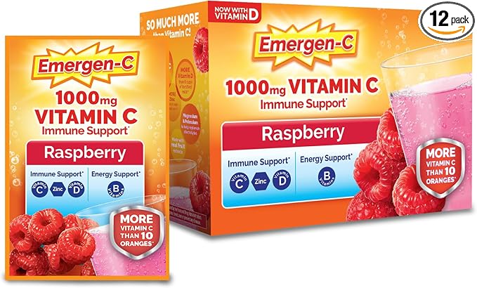 Emergen-C 1000mg Vitamin C Immune Support Powder Raspberry 30CT Includes Zinc, Manganese, 7 B Vitamins and Electrolytes for Back to School Essentials (Pack of 12)