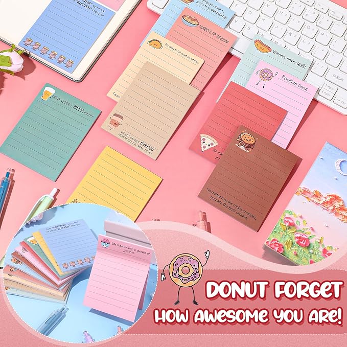 AmazingSpark 12 Pcs Cute Inspirational Sticky Notes, 4 * 3 Motivational Notepads Positive Emotional Support Gift Funny Lined Memo Note Pads for Office Desk Supplies Coworker Employee(Foods,Drinks)