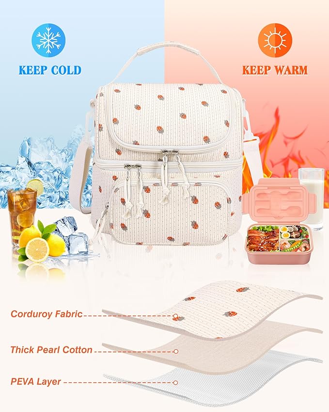 HowFly Lunch Bag for Women Insulated Lunch Boxes Corduroy Resuable Lunch Box for Girls Teens Kigs Boys Portable Thermal Cooler Bags for School Work, Beige Strawberry (Red)