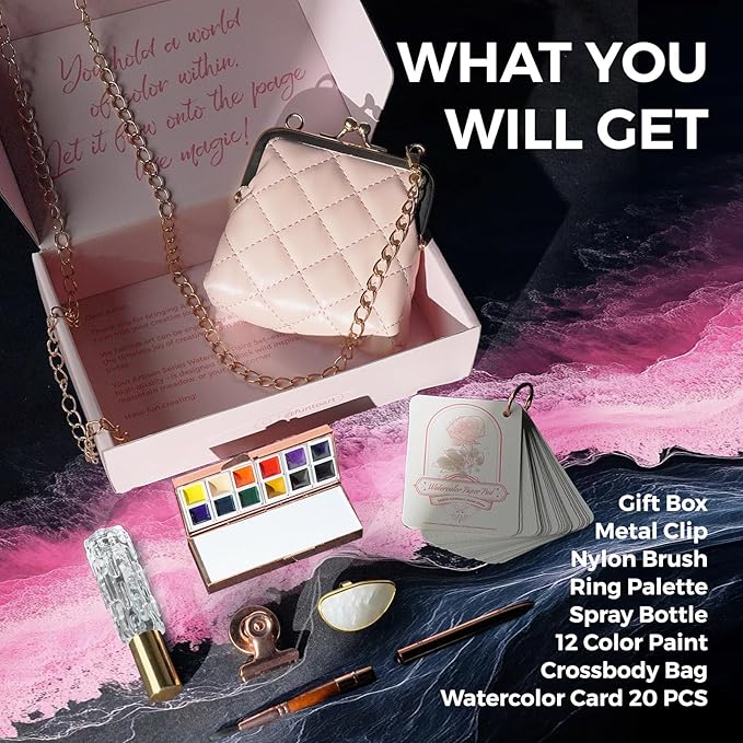 Funto Travel Watercolor Set, Fashion 12-Color Outdoor Paint Kit, with Crossbody Bag, Art Craft, Paint Supplies, Stocking Stuffers for Teen Girls, Portable Gift for Art