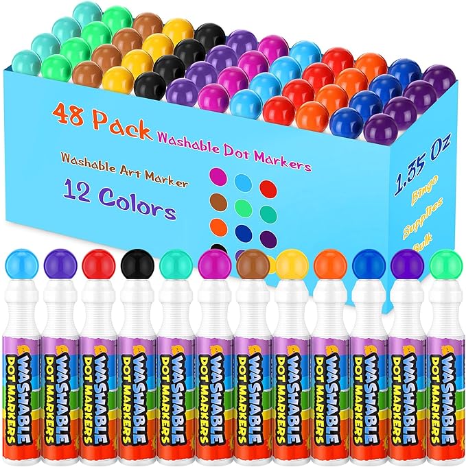 Crtiin 48 Pack Washable Dot Markers for Toddler Kids 1.35 oz Large Dauber Marker Supplies Bulk Washable Art Marker 12 Colors, Kid Painting Drawing Coloring Supplies, Paint Craft Preschool Learning