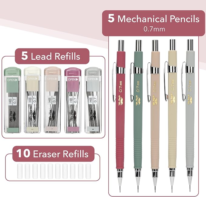 Mr. Pen- Mechanical Pencil Set with Lead and Eraser Refills, 5 Pack | 0.7mm, Sketching Pencils, Drafting Pencil, Drawing Mechanical Pencils