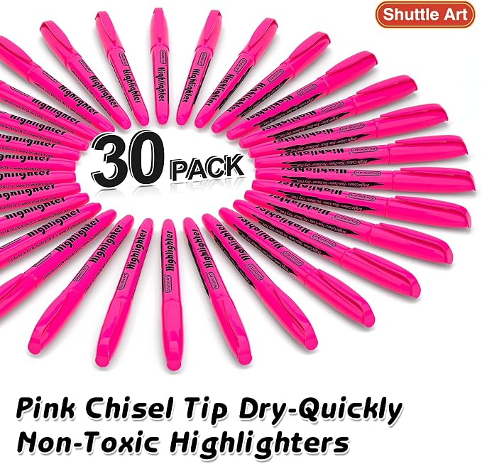 Shuttle Art Highlighters, 30 Pack Highlighters Bright Colors, Pink Colors Chisel Tip Dry-Quickly Non-Toxic Highlighter markers for Adults Students Teachers Highlighting in the Home School Office