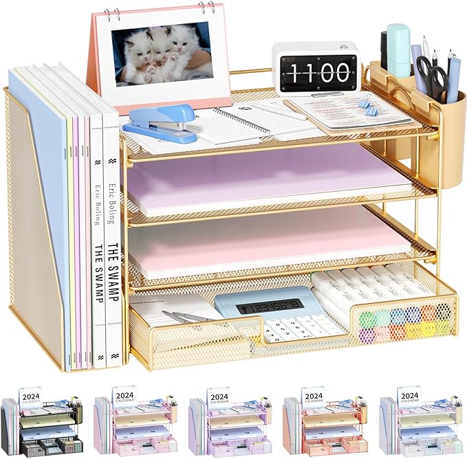 OPNICE Desk Organizers and Accessories, 4-Tier Desktop File Organizer with Drawer and 2 Pen Holders, Office Desk Accessories, Workspace Organizers for Office Supplies(Gold)