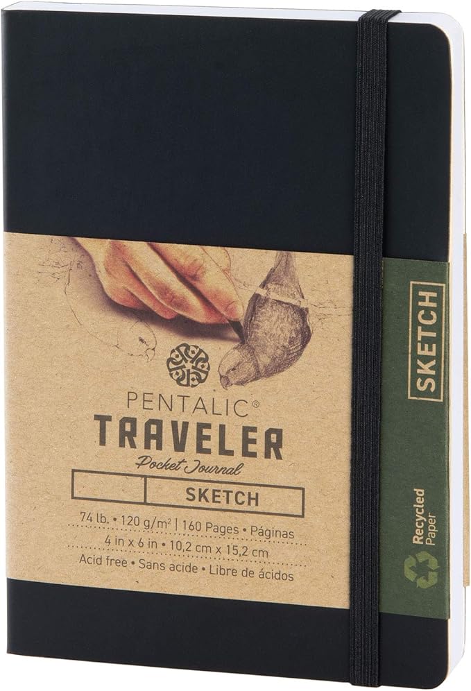 Pentalic 4" x 6" Pocket Sketchbook Traveler Journal, 160 Pages, Black