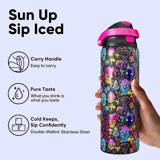 Encool SwiftSip Insulated Stainless Steel Water Bottle with Straw - Leak Proof Sports Water Bottle for School, Travel, Keeps Cold All Day, One-Touch Flip Lid, BPA-Free, 32 oz, Trippy Skulls
