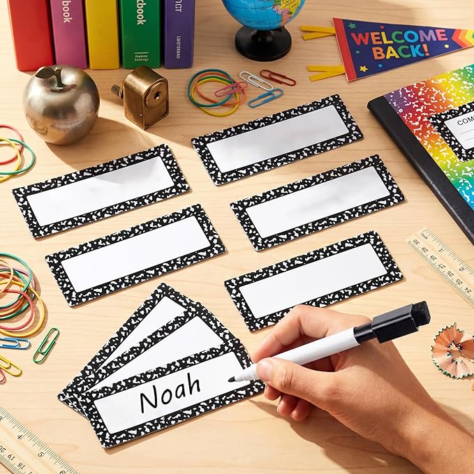 Eaasty 48 Pcs Dry Erase Magnetic Label Back to School Magnetic Name Labels Colored Black White Composition Dots Reusable Name Tag for Whiteboard Office Home(Not Include Pen)(Composition Notebook Dots)
