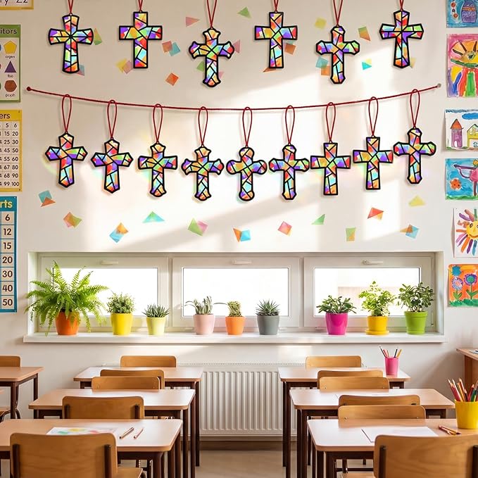 Renbuzhu 48PCS Sunday School VBS Crafts Bulk: Paper Cross Nativity Suncatchers, Jesus Religious Christian Activity DIY Kits Church Decorations, Window Stained Glass Effect Art Supplies