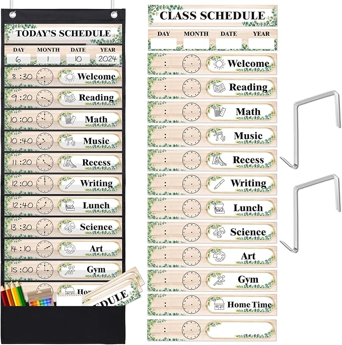 JarThenaAMCS Boho Greenery Daily Schedule Pocket Chart Simply Eucalyptus Leaf Design Classroom Time Charts with 36Pcs Reusable Cards Welcome Back to School Decorations for Home Educational Activity