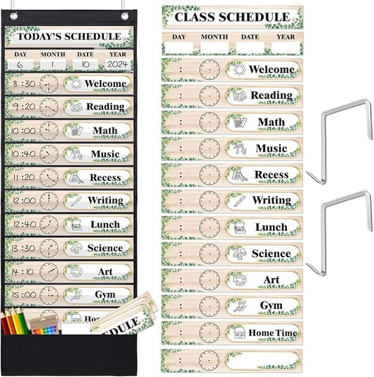 JarThenaAMCS Boho Greenery Daily Schedule Pocket Chart Simply Eucalyptus Leaf Design Classroom Time Charts with 36Pcs Reusable Cards Welcome Back to School Decorations for Home Educational Activity