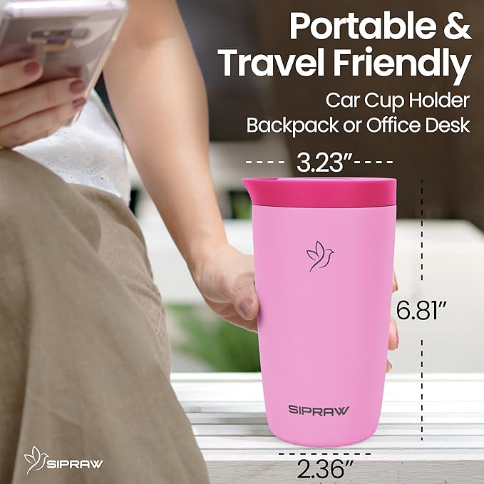 12oz Travel Coffee Mug Tumbler Insulated Stainless Steel Coffee Cup with Leakproof Lid for Hot and Cold Drinks BPA Free Reusable Mug Dishwasher Safe Cup Holder Friendly, Pink