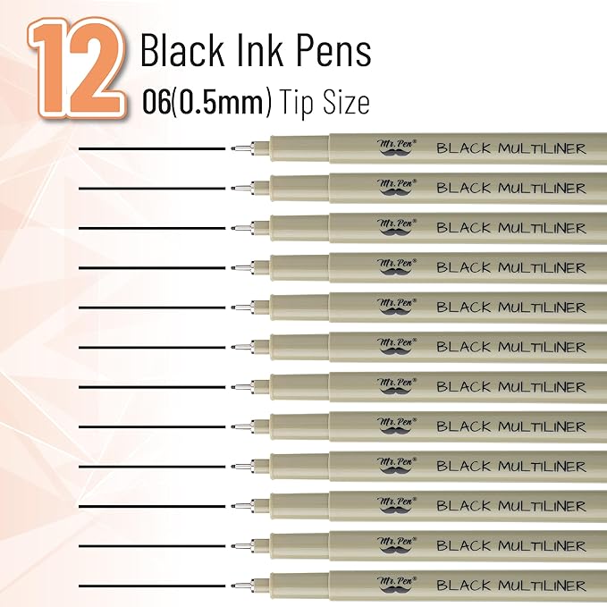 Mr. Pen- 0.5mm Micro Fine Point Pens, 8 Pack, Black Ink, Waterproof, Acid-Free, No-Smear Quick-Dry Fineliner Pens for Drawing, Sketching, Bible Journaling, Outlines & Everyday Writing